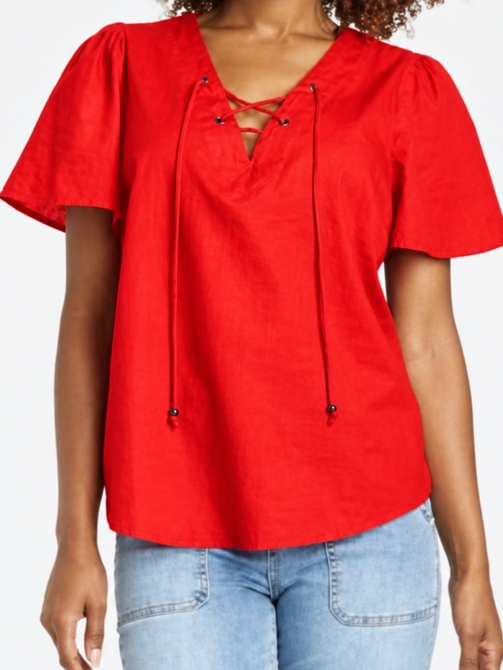 Knox Rose Coral Red Lace Up Bodice Tie Short Sleeve Top NWT S #2316